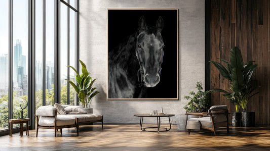 Modern living room with a large framed black horse portrait on a wall.