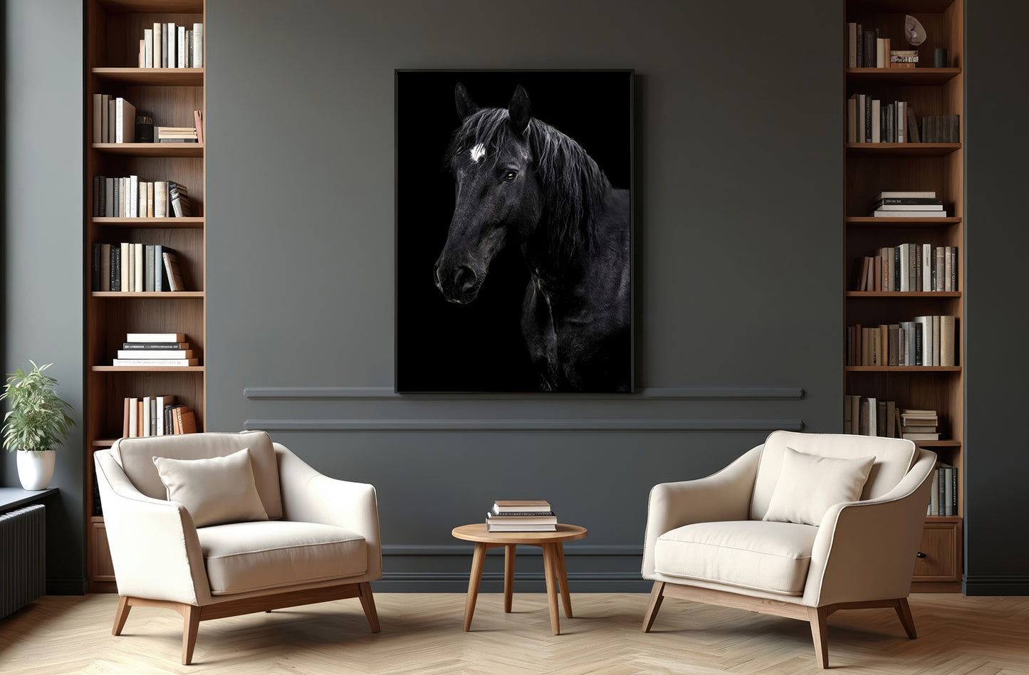 Living room with two armchairs, a coffee table, and a large black and white horse painting on the wall.