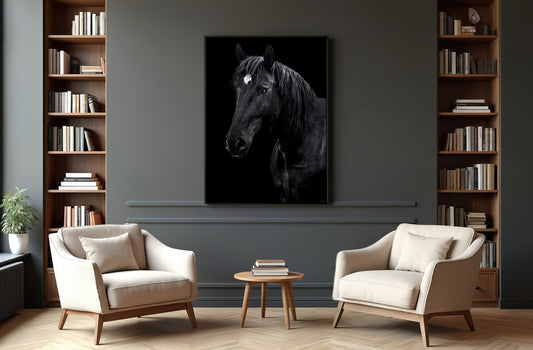 Living room with two armchairs, a coffee table, and a large black and white horse painting on the wall.