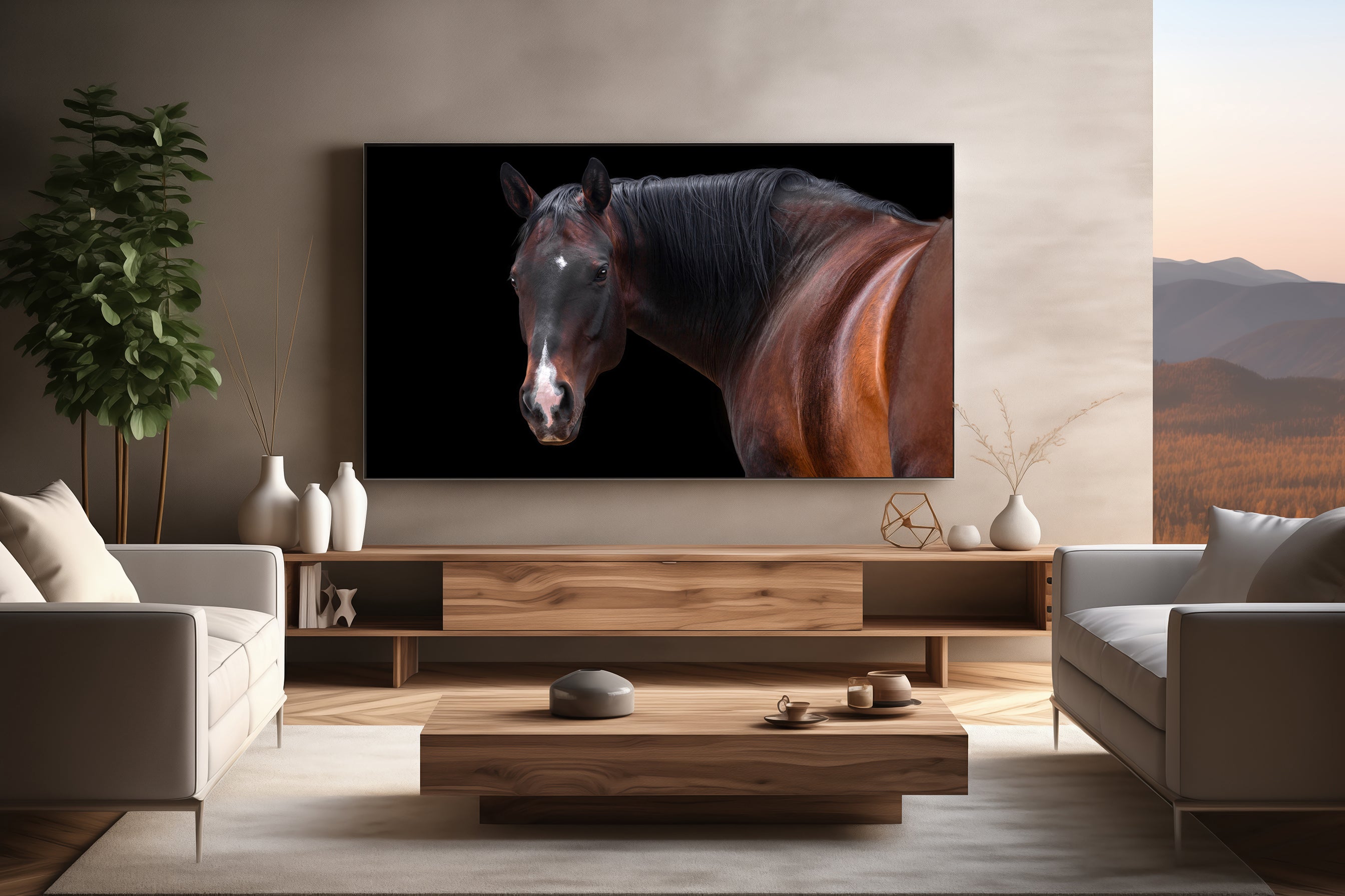 Living room with a large canvas displaying an image of a horse, surrounded by decor elements.
